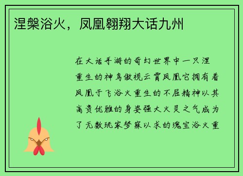 涅槃浴火，凤凰翱翔大话九州